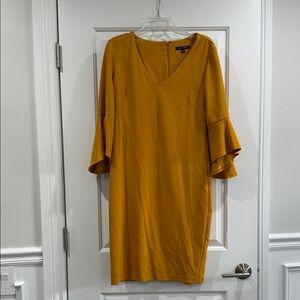MARINA Mustard Yellow V-Neck Ruffle Sleeve Dress